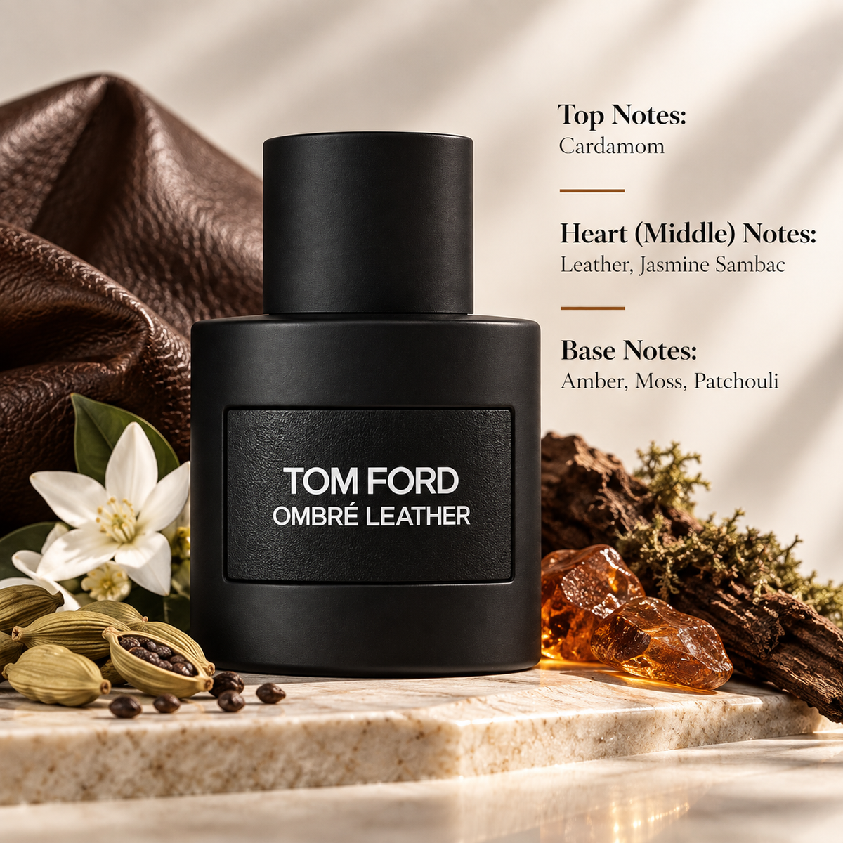 Tom Ford Ombré Leather 50ml Eau de Parfum displayed in a warm, sophisticated composition with cardamom, leather, jasmine sambac, amber, moss and patchouli elements, visually reflecting its bold, leathery, spicy and subtly floral fragrance character.