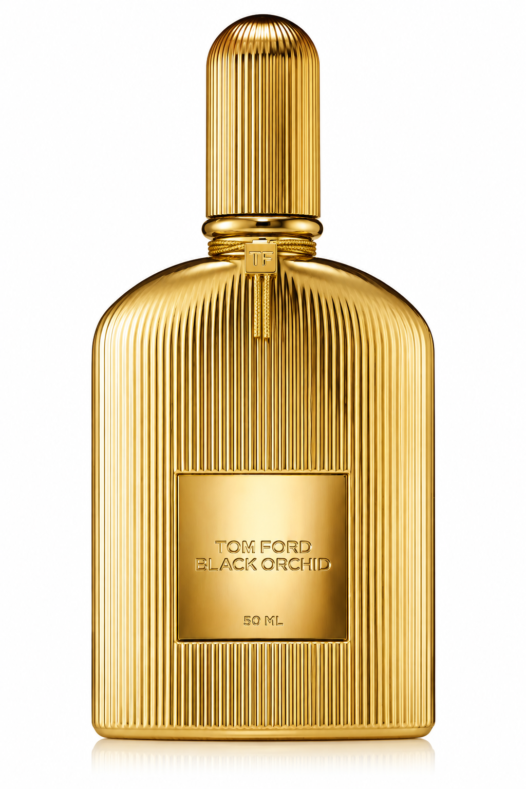 Tom Ford Black Orchid Parfum 50ml presented in its striking full-gold fluted bottle, featuring a matching gold cap, signature TF neck detail and engraved gold front plaque, photographed against a clean white background.