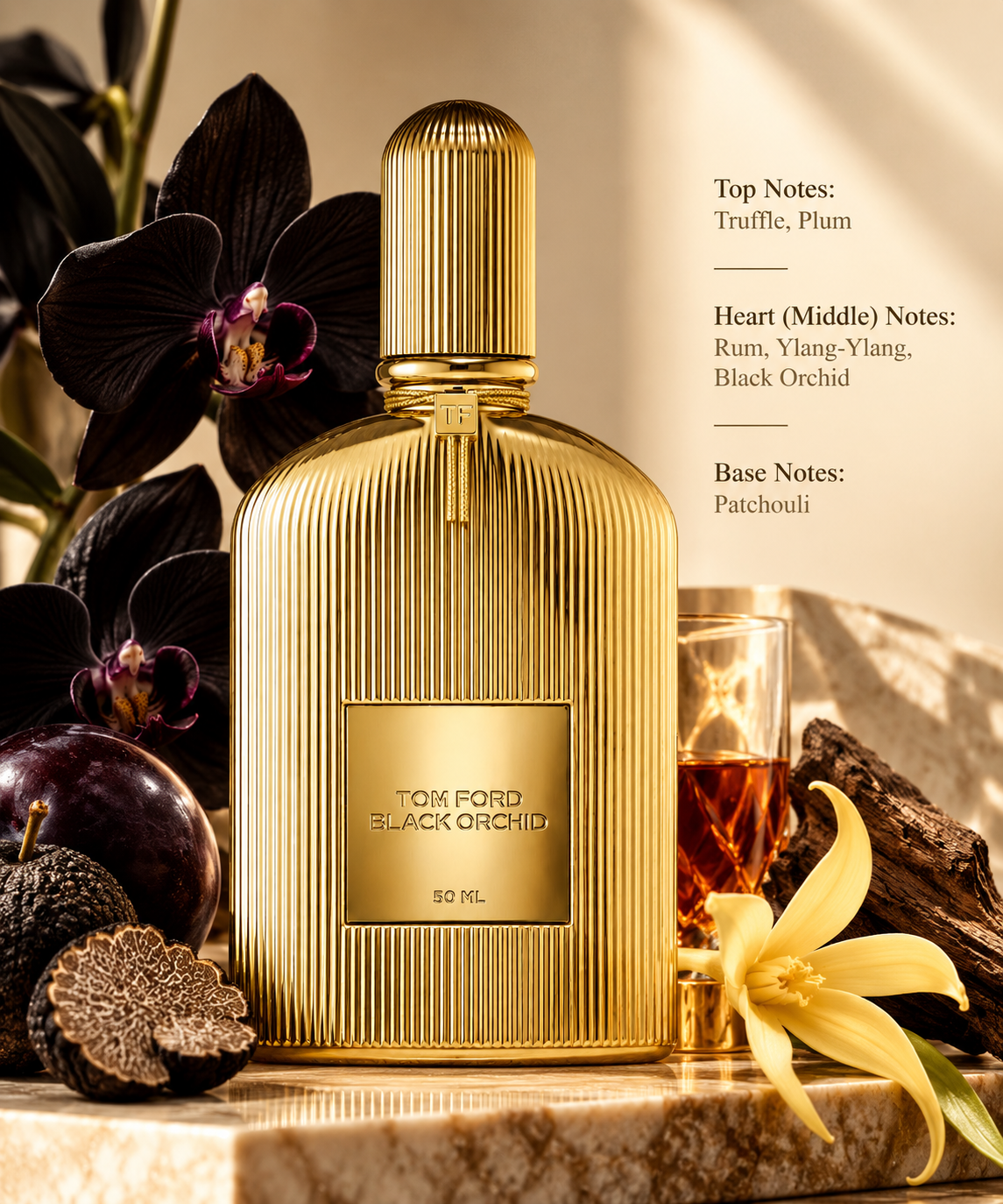 Tom Ford Black Orchid Parfum 50ml displayed in a rich, luxurious composition with black orchid, truffle, plum, rum, ylang-ylang and patchouli-inspired elements, surrounded by deep florals, dark woods and warm golden accents that reflect its opulent fragrance character.