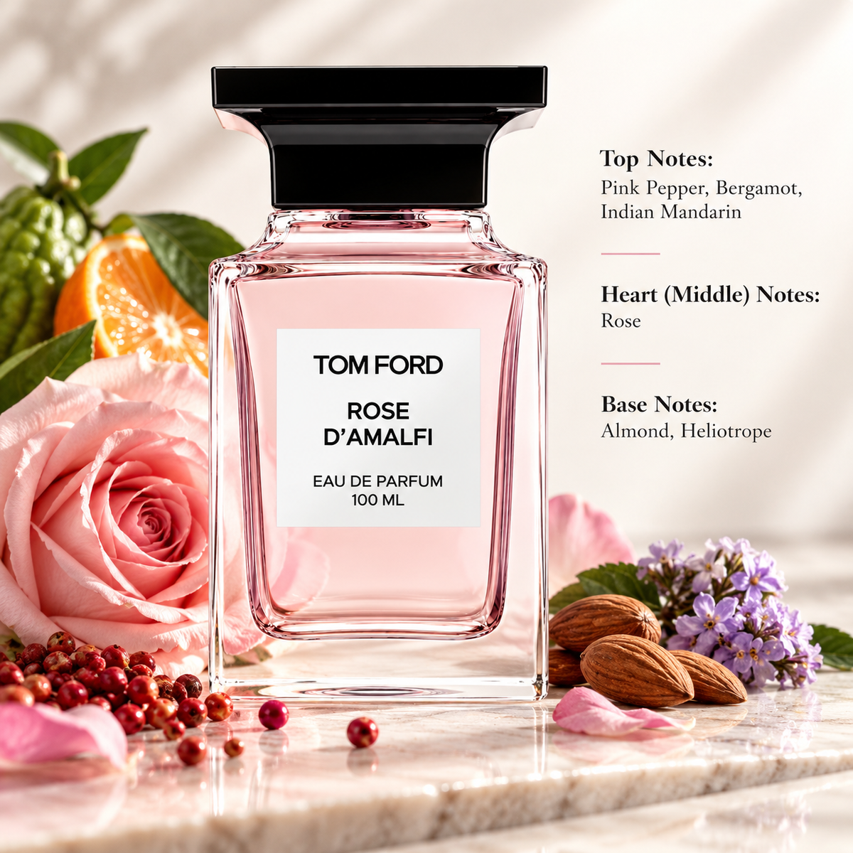 Tom Ford Rose d’Amalfi 100ml Eau de Parfum displayed in an elegant floral composition with pink rose, pink pepper, bergamot, mandarin, almonds and delicate heliotrope flowers, visually reflecting its fresh citrus, romantic floral and softly creamy fragrance profile.