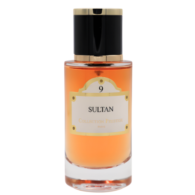A cylindrical clear glass bottle of Sultan No. 9 from Collection Prestige Paris, containing warm amber-colored liquid and featuring a minimalist white-and-gold label with a black magnetic cap.