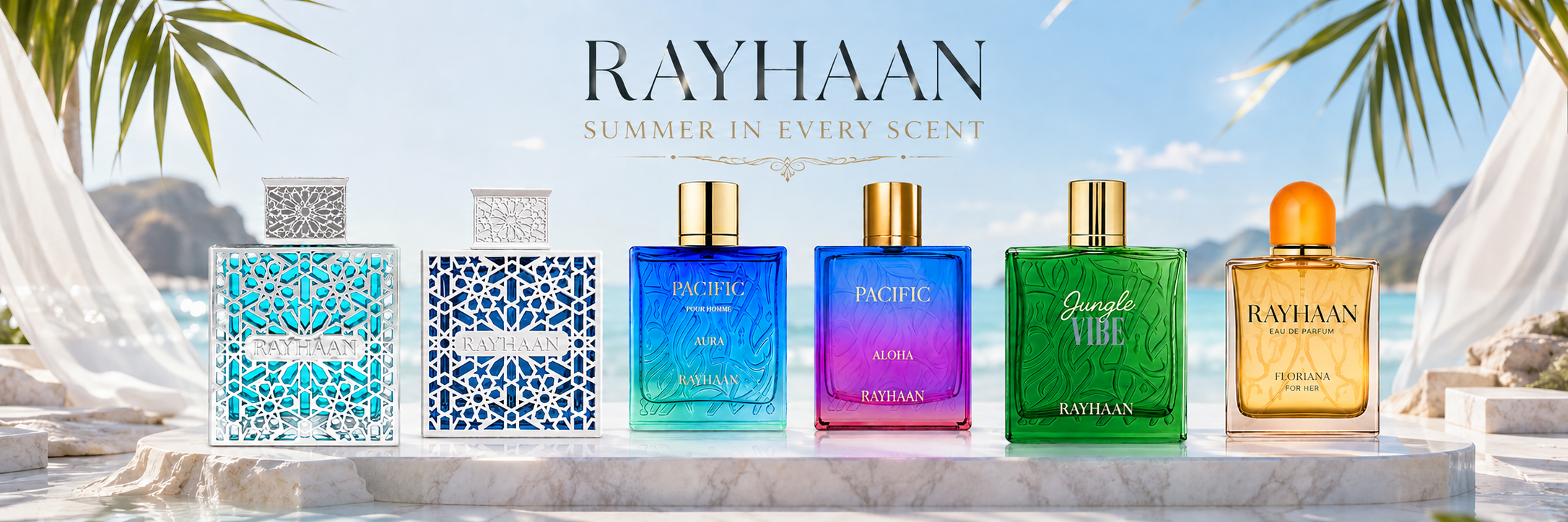 Rayhaan perfume bottles in various colors, including blue, green, and amber, on a marble surface with a beach background